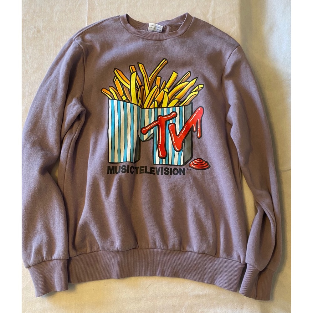 MTV Music Television French Fries Logo Crewneck Sweatshirt Mens Size Small Lilac